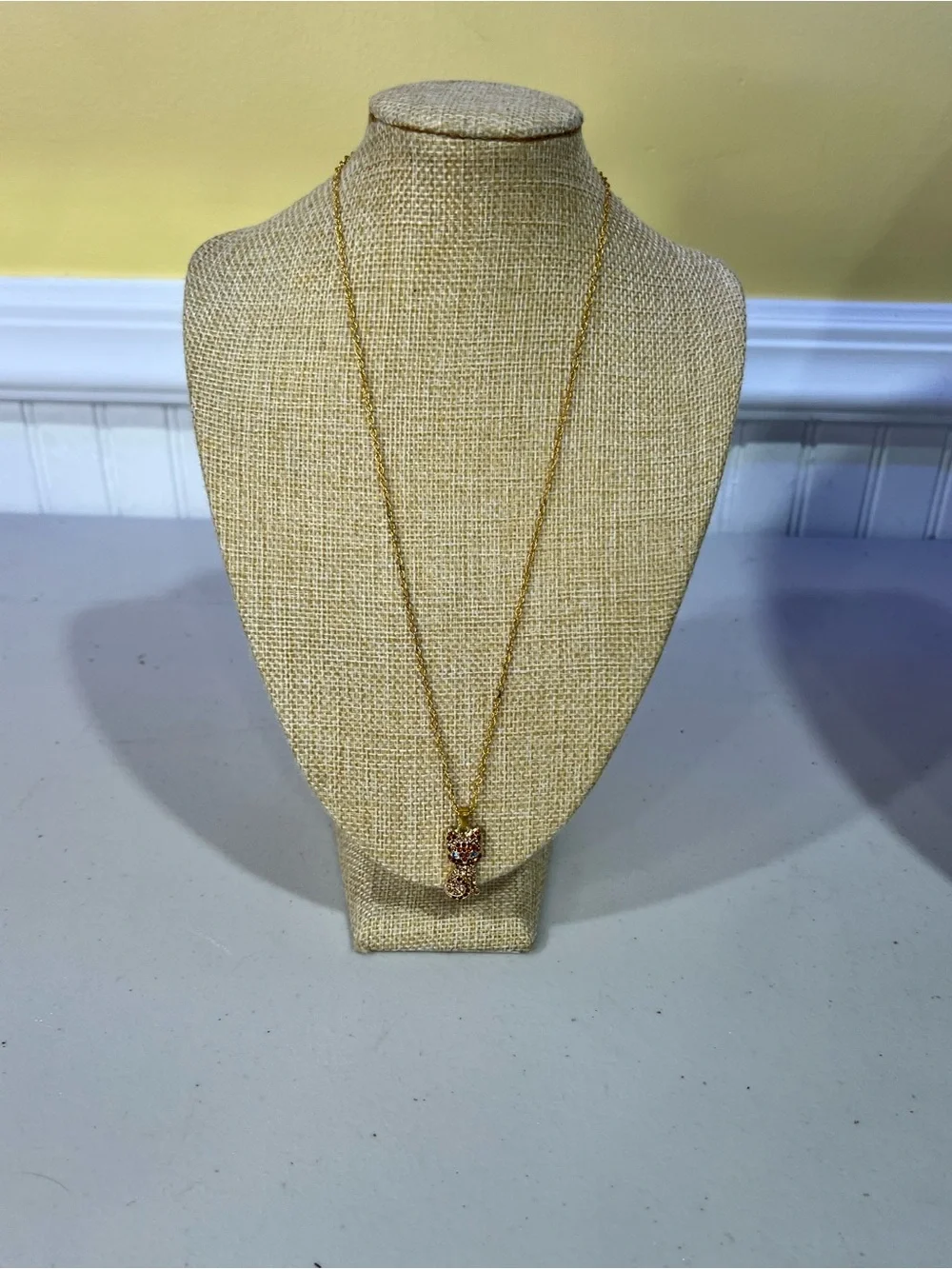 Gold Crystal Cat Pendant Necklace - Brown & Blue Accents